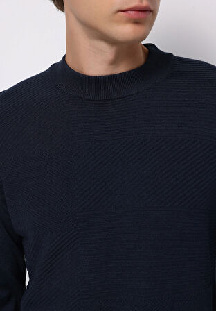 Regular Fit Yuvarlak Yaka Jakarlı Erkek Lacivert Kazak