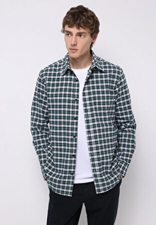 Regular Fit Shirt Neck Ekoseli Erkek Yeşil Uzun Kol Gömlek