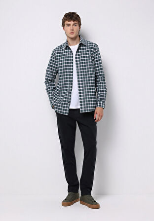 Regular Fit Shirt Neck Ekoseli Erkek Yeşil Uzun Kol Gömlek