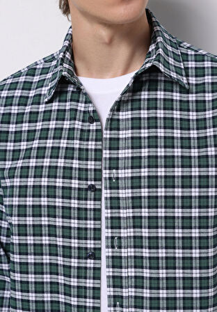 Regular Fit Shirt Neck Ekoseli Erkek Yeşil Uzun Kol Gömlek