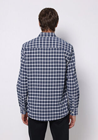 Regular Fit Shirt Neck Ekoseli Erkek Lacivert Uzun Kol Gömlek