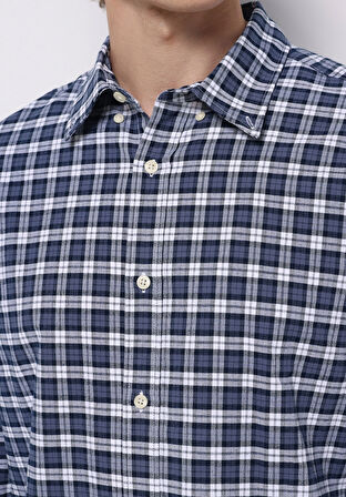 Regular Fit Shirt Neck Ekoseli Erkek Lacivert Uzun Kol Gömlek