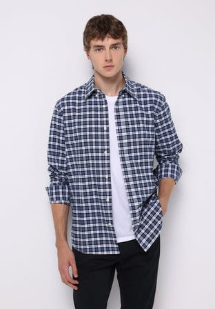 Regular Fit Shirt Neck Ekoseli Erkek Lacivert Uzun Kol Gömlek