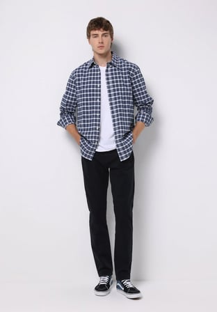 Regular Fit Shirt Neck Ekoseli Erkek Lacivert Uzun Kol Gömlek