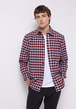 Regular Fit Shirt Neck Ekoseli Erkek Kirmizi Uzun Kol Gömlek