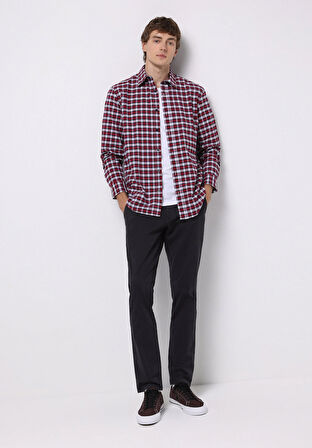 Regular Fit Shirt Neck Ekoseli Erkek Kirmizi Uzun Kol Gömlek