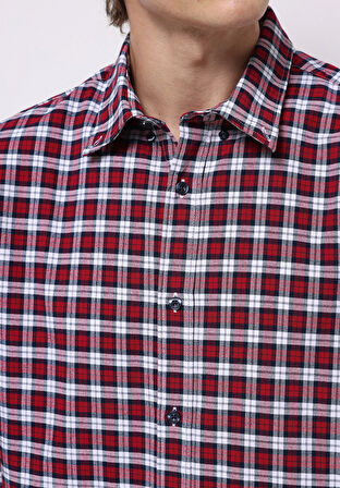 Regular Fit Shirt Neck Ekoseli Erkek Kirmizi Uzun Kol Gömlek