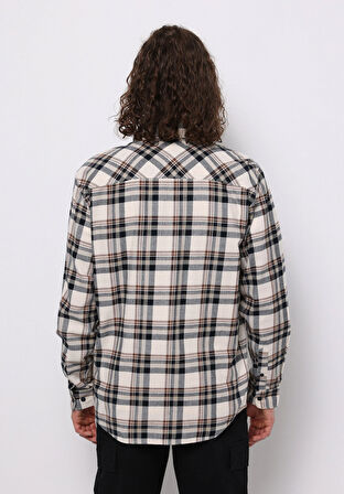 Regular Fit Shirt Neck Ekoseli Erkek Ekru Uzun Kol Gömlek