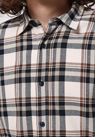 Regular Fit Shirt Neck Ekoseli Erkek Ekru Uzun Kol Gömlek