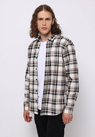 Regular Fit Shirt Neck Ekoseli Erkek Ekru Uzun Kol Gömlek