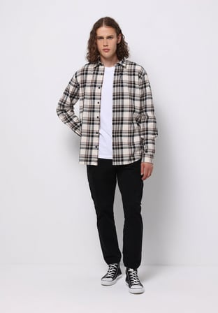Regular Fit Shirt Neck Ekoseli Erkek Ekru Uzun Kol Gömlek
