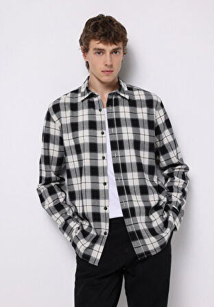 Regular Fit Shirt Neck Ekoseli Erkek Siyah Uzun Kol Gömlek