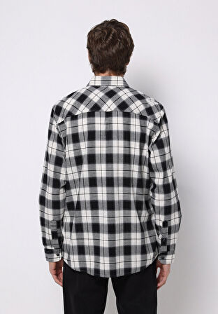 Regular Fit Shirt Neck Ekoseli Erkek Siyah Uzun Kol Gömlek