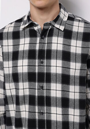 Regular Fit Shirt Neck Ekoseli Erkek Siyah Uzun Kol Gömlek