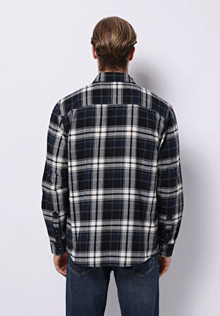 Regular Fit Shirt Neck Ekoseli Erkek Lacivert Uzun Kol Gömlek