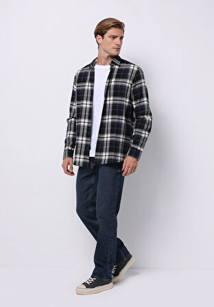 Regular Fit Shirt Neck Ekoseli Erkek Lacivert Uzun Kol Gömlek