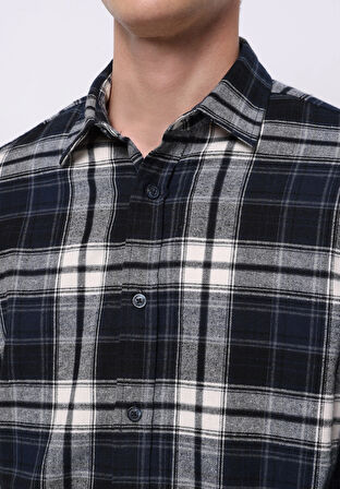 Regular Fit Shirt Neck Ekoseli Erkek Lacivert Uzun Kol Gömlek