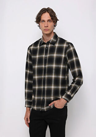 Regular Fit Shirt Neck Ekoseli Erkek Yeşil Uzun Kol Gömlek