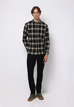 Regular Fit Shirt Neck Ekoseli Erkek Yeşil Uzun Kol Gömlek