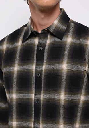 Regular Fit Shirt Neck Ekoseli Erkek Yeşil Uzun Kol Gömlek