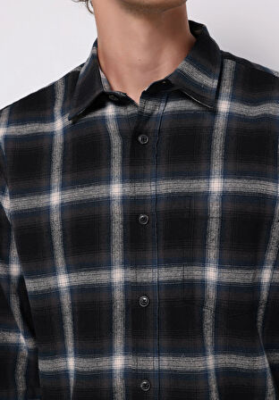 Regular Fit Shirt Neck Ekoseli Erkek Lacivert Uzun Kol Gömlek