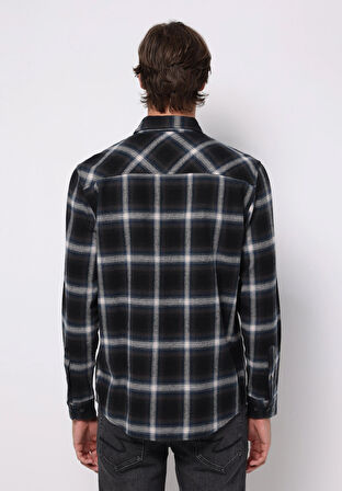 Regular Fit Shirt Neck Ekoseli Erkek Lacivert Uzun Kol Gömlek