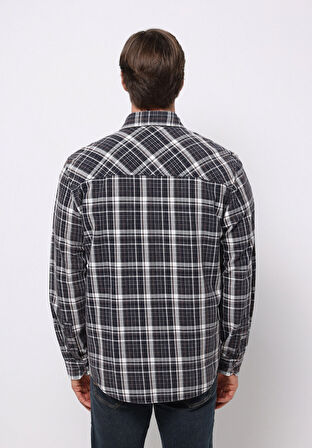 Comfort Fit Shirt Neck Ekoseli Erkek Lacivert Uzun Kol Gömlek