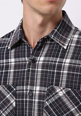 Comfort Fit Shirt Neck Ekoseli Erkek Lacivert Uzun Kol Gömlek