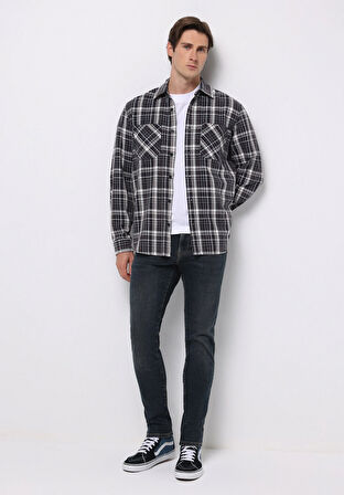 Comfort Fit Shirt Neck Ekoseli Erkek Lacivert Uzun Kol Gömlek