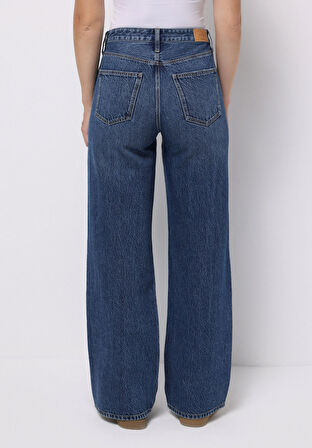 Regular Fit Yüksel Bel Geniş Paça Kadın İndigo Jean Pantolon