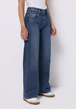 Regular Fit Yüksel Bel Geniş Paça Kadın İndigo Jean Pantolon