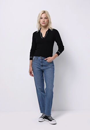 Straight Fit Yüksek Bel Düz Paça Kadın Siyah Jean Pantolon