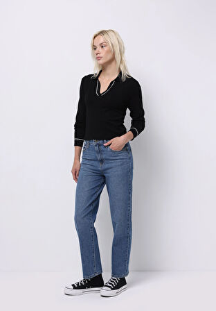 Straight Fit Yüksek Bel Düz Paça Kadın Siyah Jean Pantolon