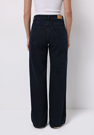 Regular Fit Yüksek Bel Geniş Paça Kadın Koyu İndigo Jean Pantolon
