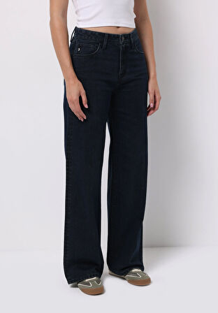 Regular Fit Yüksek Bel Geniş Paça Kadın Koyu İndigo Jean Pantolon