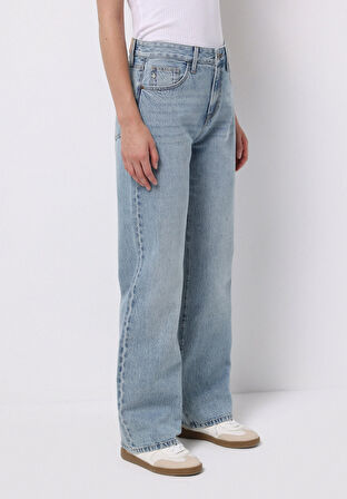 Straight Fit Orta Bel Tam Boy Paça Kadın İndigo Jean Pantolon