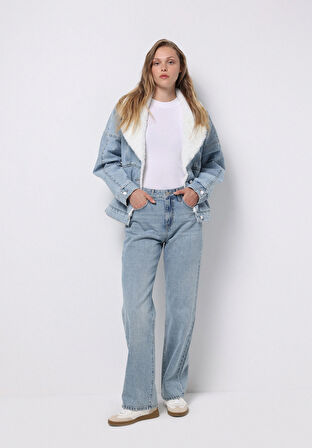 Straight Fit Orta Bel Tam Boy Paça Kadın İndigo Jean Pantolon