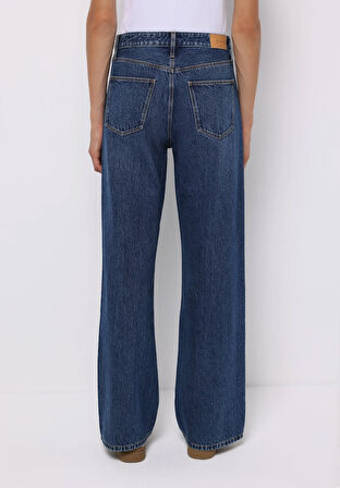 Regular Fit Yüksel Bel Geniş Paça Kadın Koyu İndigo Jean Pantolon