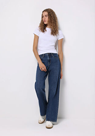 Regular Fit Yüksel Bel Geniş Paça Kadın Koyu İndigo Jean Pantolon