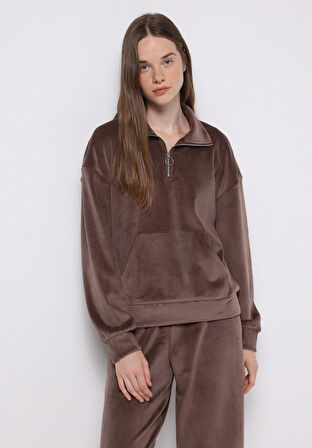 Regular Fit Polo Yaka Nakışlı Kadın Kahverengi Sweatshirt