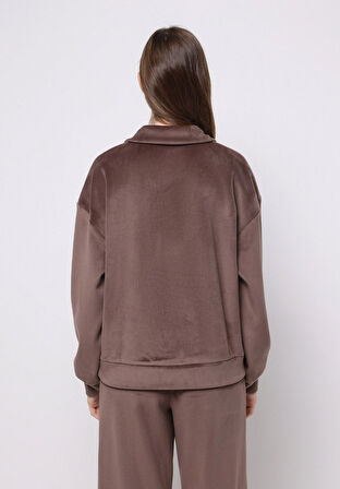 Regular Fit Polo Yaka Nakışlı Kadın Kahverengi Sweatshirt