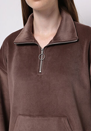 Regular Fit Polo Yaka Nakışlı Kadın Kahverengi Sweatshirt