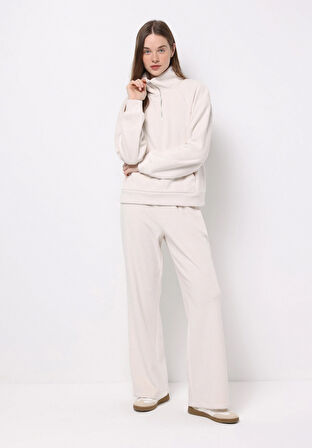 Regular Fit Polo Yaka Nakışlı Kadın Ekru Sweatshirt