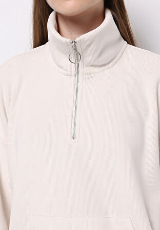 Regular Fit Polo Yaka Nakışlı Kadın Ekru Sweatshirt