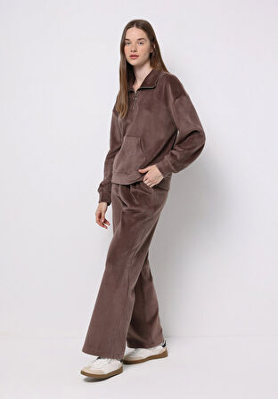 Regular Fit Orta Bel Düz Kadın Kahverengi Eşofman Altı