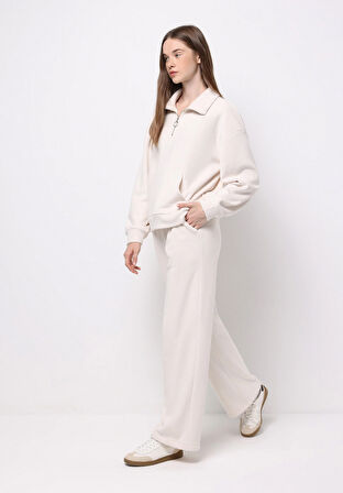 Regular Fit Orta Bel Düz Kadın Ekru Eşofman Altı