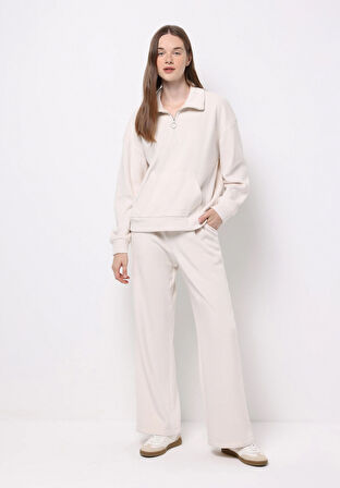 Regular Fit Orta Bel Düz Kadın Ekru Eşofman Altı