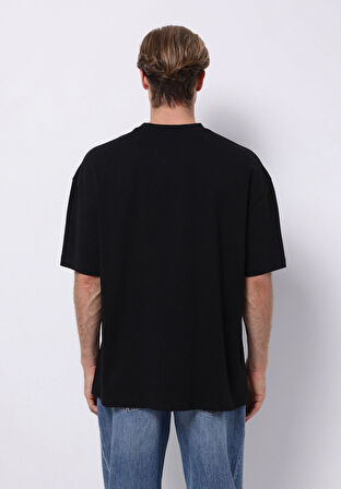 Oversize Fit Yuvarlak Yaka Düz Erkek Siyah Kısa Kol Tişört