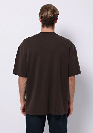 Oversize Fit Yuvarlak Yaka Düz Erkek Kahverengi Kısa Kol Tişört