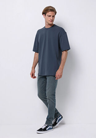Oversize Fit Yuvarlak Yaka Düz Erkek Mavi Kısa Kol Tişört